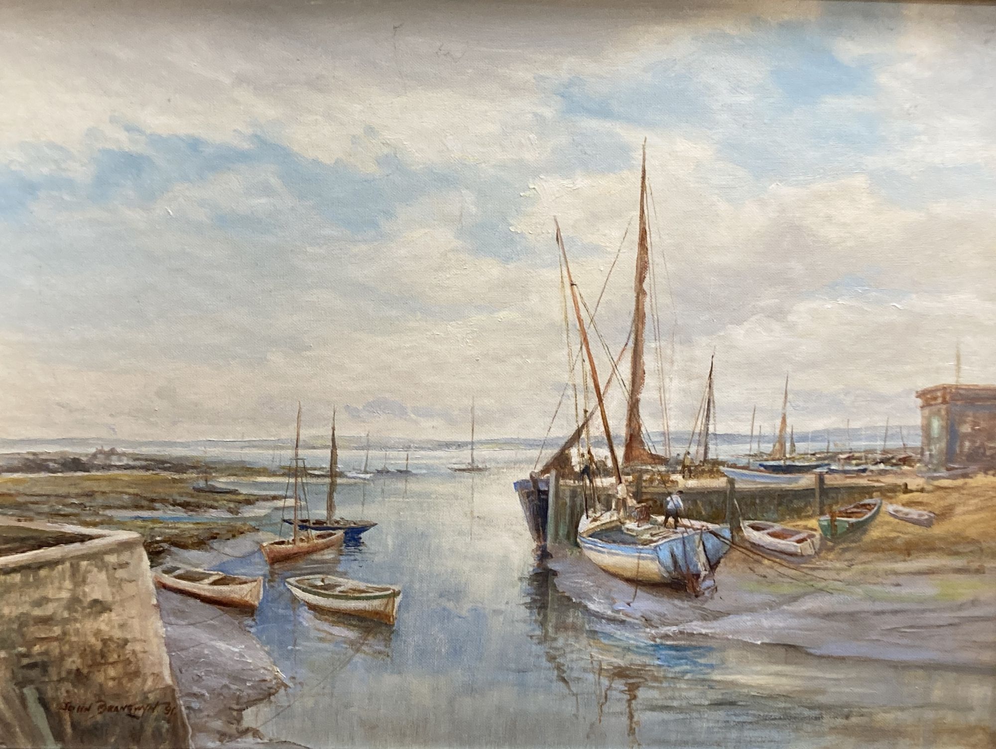 John Brangwyn, oil on board, Keyhaven, signed, 44 x 59cm, together with a 1970s oil, Estuary scene, 44 cx 113cm